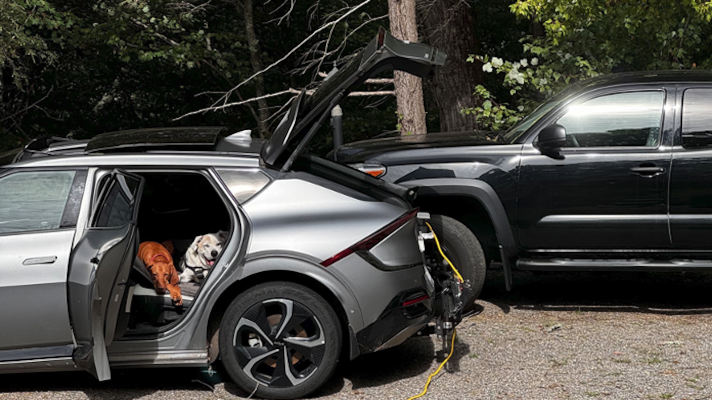 Dogs sleeping in an electric vehicle while the EV acts as a power source.