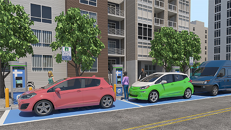 rendering of electric vehicles outside apartment complex